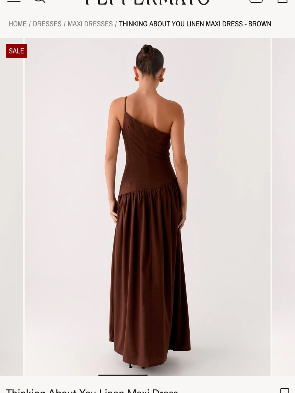 Peppermayo One-Shoulder Maxi Dress in Deep Brown (“Thinking about you linen maxi - Picture 3 of 5